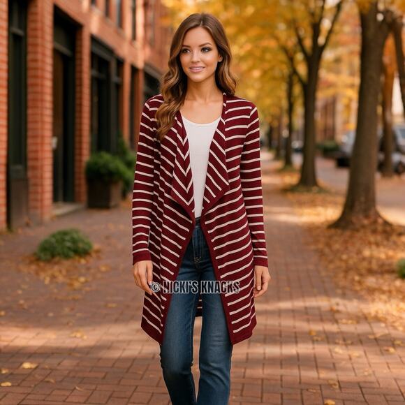 Stitch Fix Striped Waterfall Cardigan Red White Open Front Elbow Patch Size M - Picture 1 of 9
